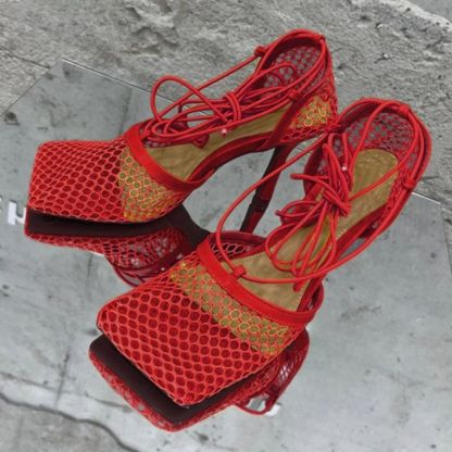 Square Toe Mesh High Heels Cross-tied Up Lace Sandals
