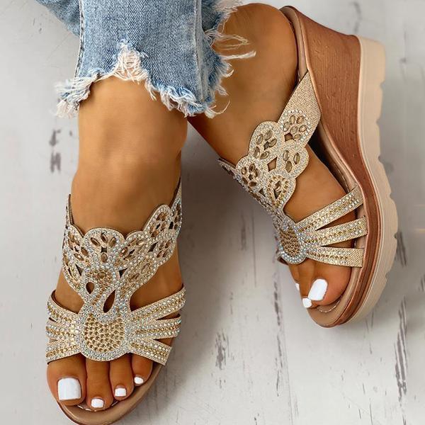Rhinestone Platform Wedges Backless Slip-on Sandals