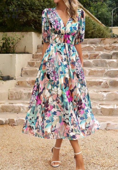 Elegant Floral Midi Dress with Puff Sleeves