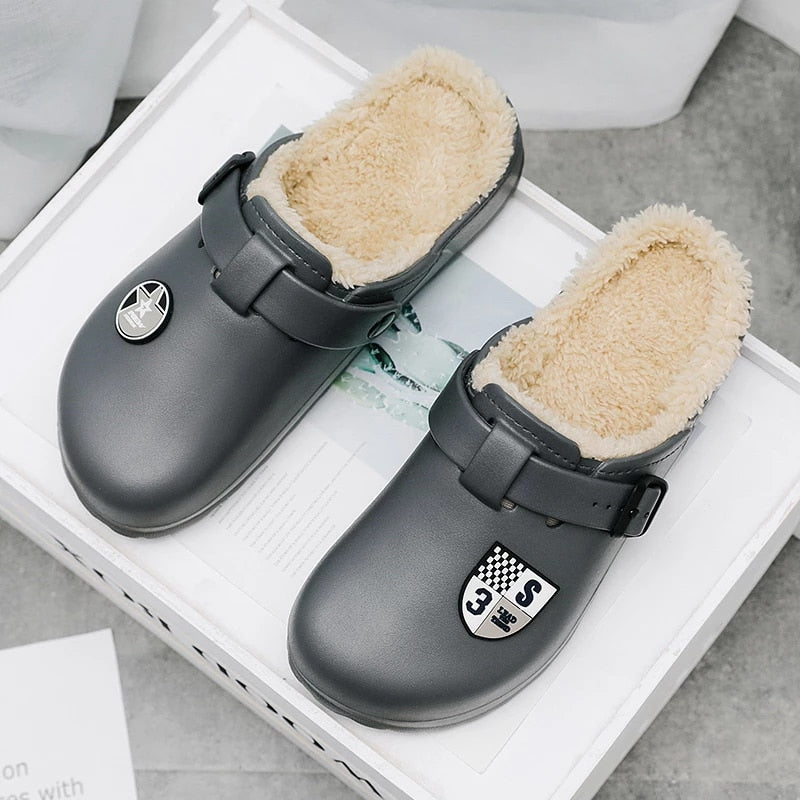 Men Fluffy Plush Slippers PU Winter Mule Clogs