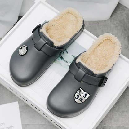 Men Fluffy Plush Slippers PU Winter Mule Clogs
