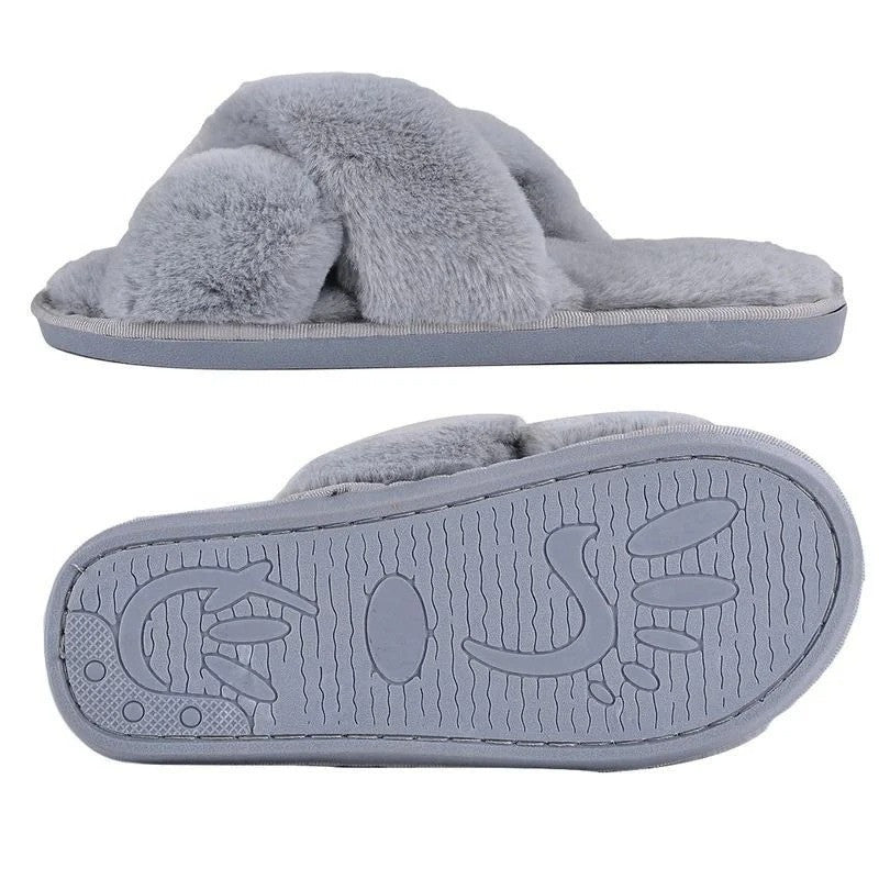 House Slippers Women Flat Soft Faux Fur Plus Plush Slides Super Warm Winter