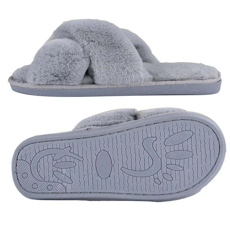 House Slippers Women Flat Soft Faux Fur Plus Plush Slides Super Warm Winter