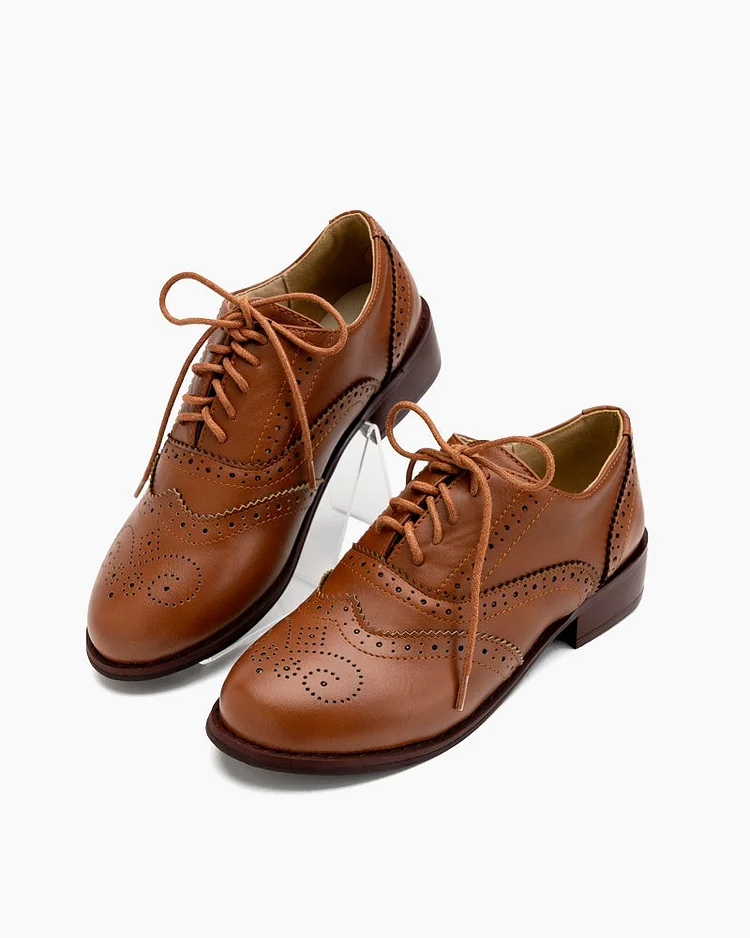 Classic Lace-Up Wingtip Leather Flat Oxfords
