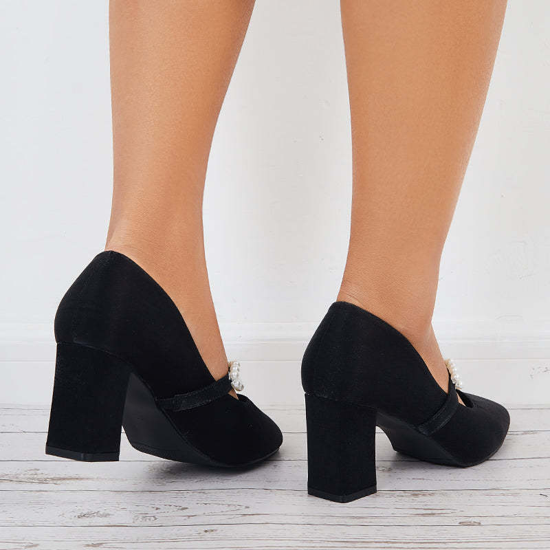 Pearl Mary Jane Pumps Chunky Heels Bowknot Closed Toe Dress Shoes