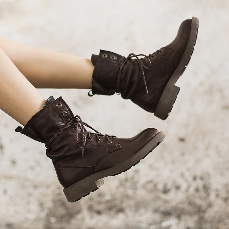 Women's Handmade Sheepskin Combat Boots Designer Retro Chunky Riding Boots