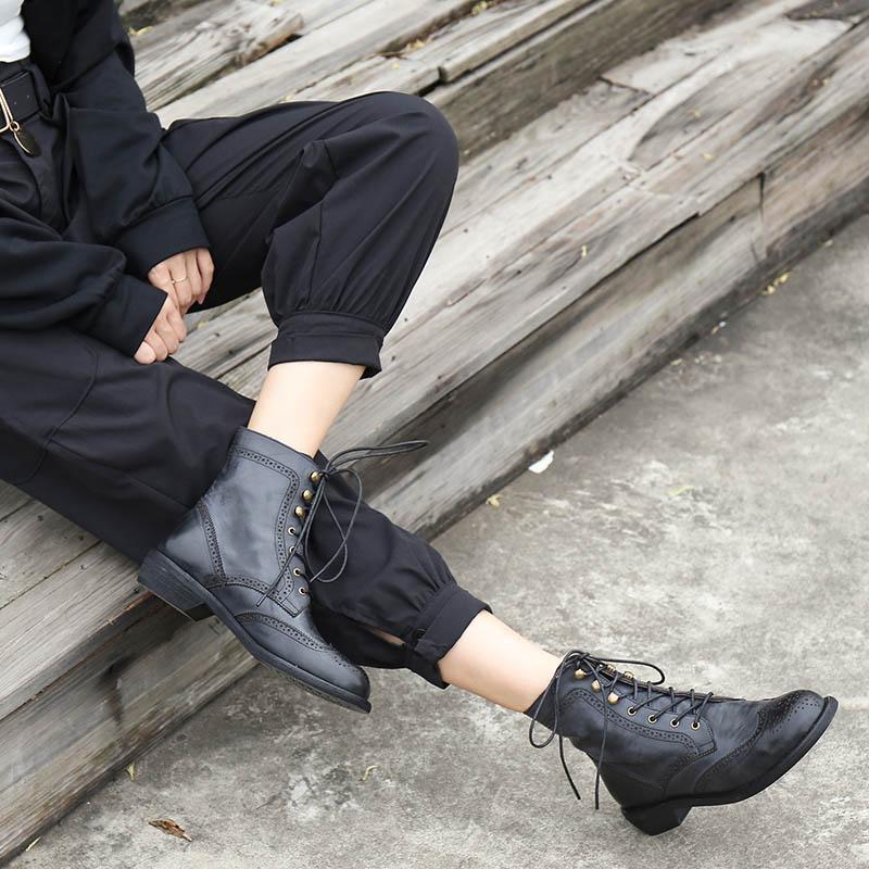 Handmade Wingtip Shoes Leather Martin Boots Block Carving Brogue Ankle Boot For Women