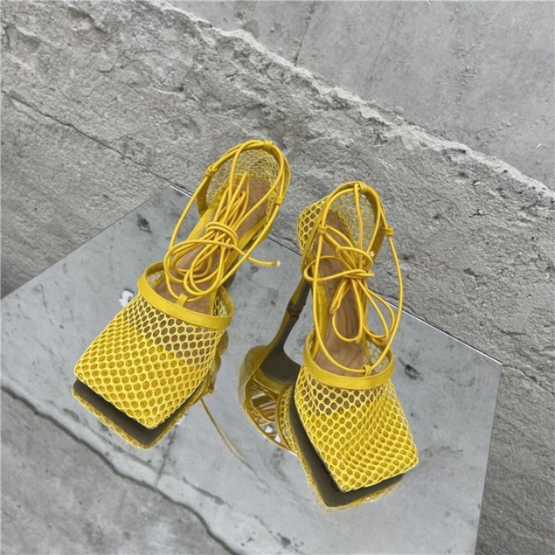 Square Toe Mesh High Heels Cross-tied Up Lace Sandals