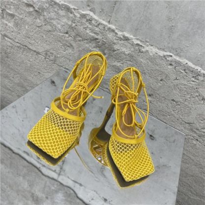 Square Toe Mesh High Heels Cross-tied Up Lace Sandals