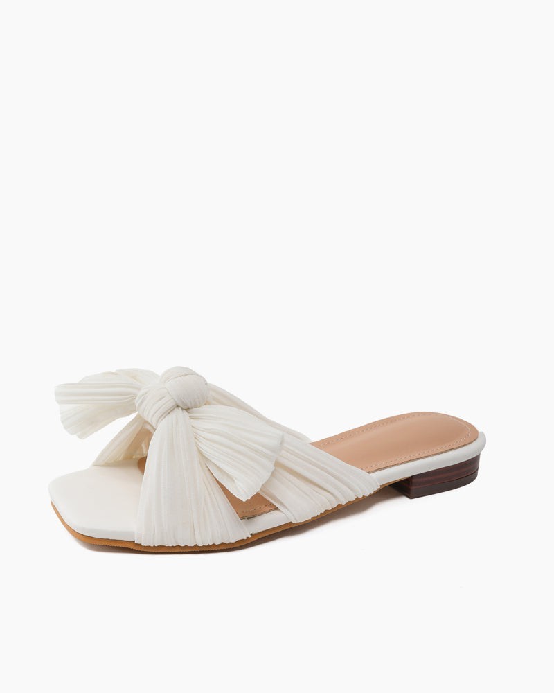 Pleated Bow Open Toe Comfort Slip On Slide Flat Sandals