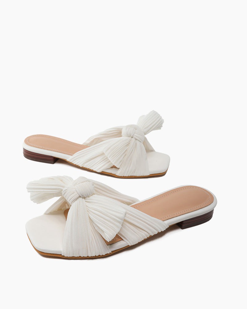 Pleated Bow Open Toe Comfort Slip On Slide Flat Sandals