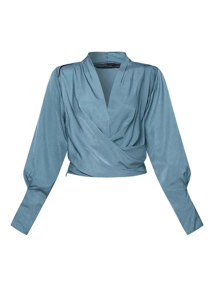 V-neck Women's Bblouses with Puff Sleeves