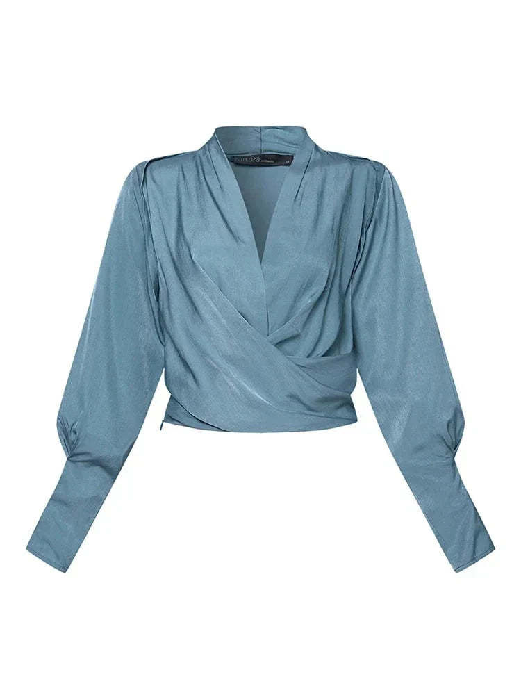V-neck Women's Bblouses with Puff Sleeves