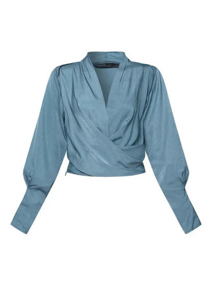V-neck Women's Bblouses with Puff Sleeves