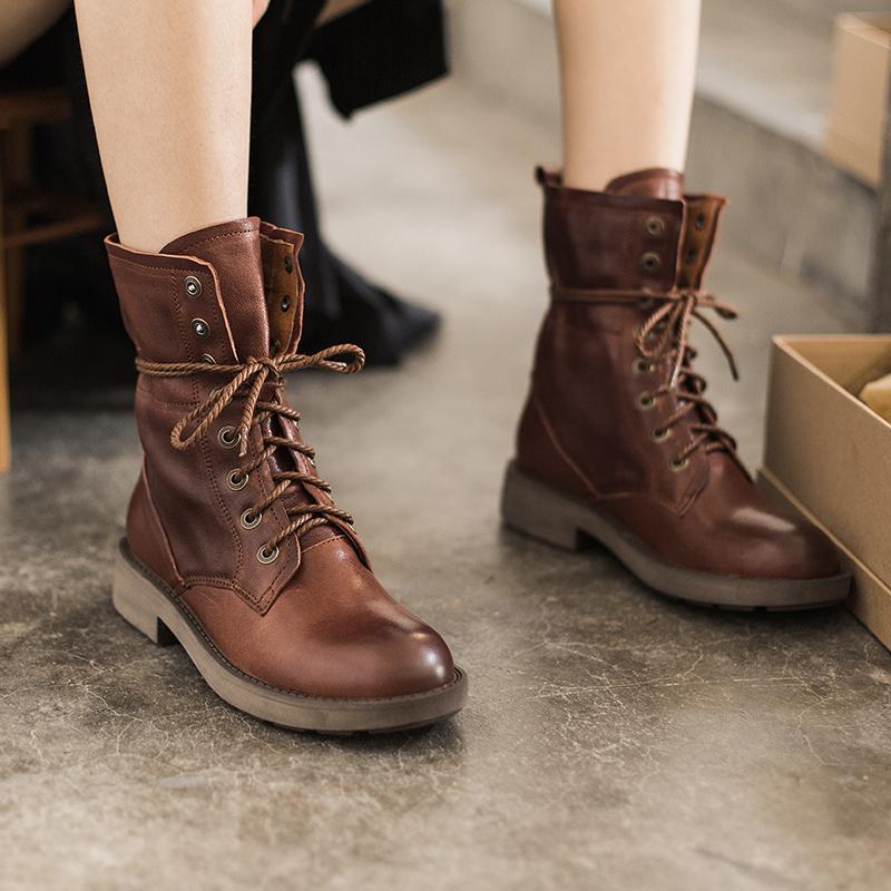 Women's Handmade Sheepskin Combat Boots Designer Retro Chunky Riding Boots