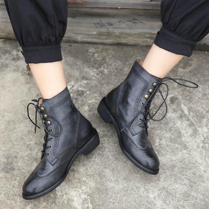 Handmade Wingtip Shoes Leather Martin Boots Block Carving Brogue Ankle Boot For Women
