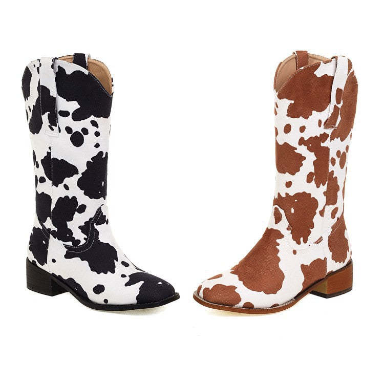 Women Mid Calf Cowboy Boots Chunky Heel Half Boots Cow Print Western Boots
