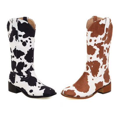 Women Mid Calf Cowboy Boots Chunky Heel Half Boots Cow Print Western Boots