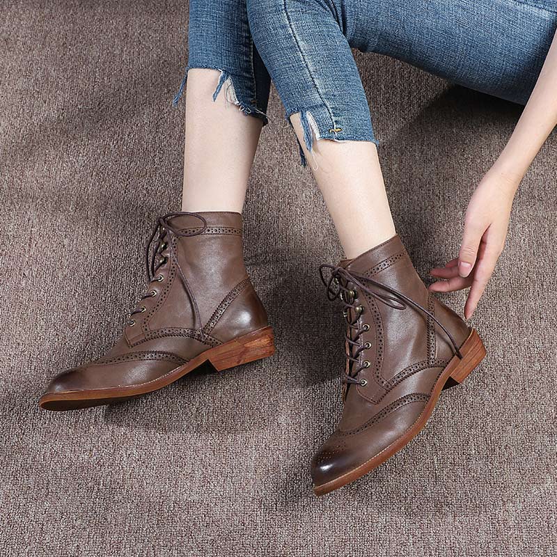 Handmade Wingtip Shoes Leather Martin Boots Block Carving Brogue Ankle Boot For Women