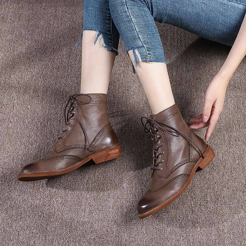 Handmade Wingtip Shoes Leather Martin Boots Block Carving Brogue Ankle Boot For Women