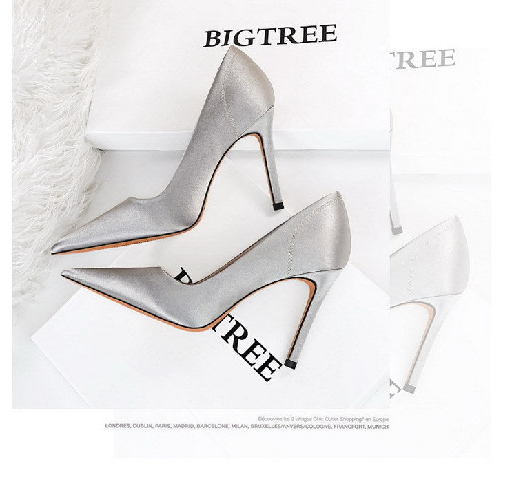 Retro Stiletto-heeled Satin Shallow Pointed Shoes