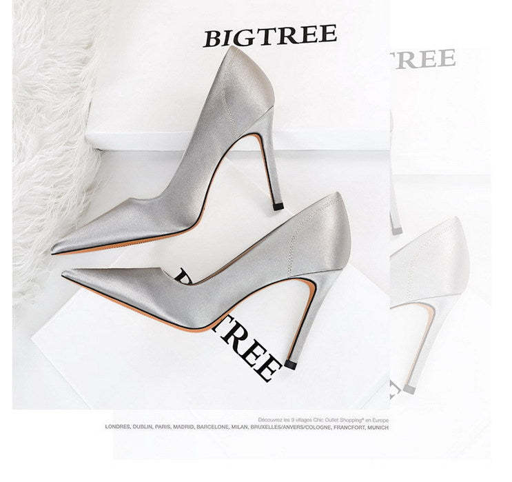 Retro Stiletto-heeled Satin Shallow Pointed Shoes
