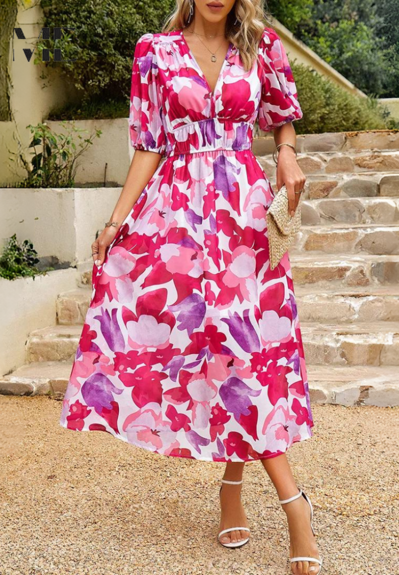 Elegant Floral Midi Dress with Puff Sleeves