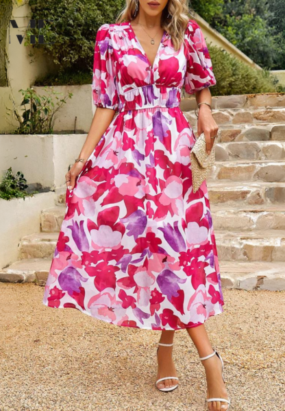 Elegant Floral Midi Dress with Puff Sleeves
