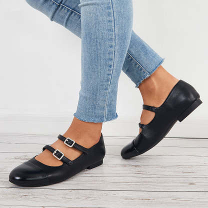 Ruond Toe Low Heel Mary Jane Pumps Buckle Dress Shoes