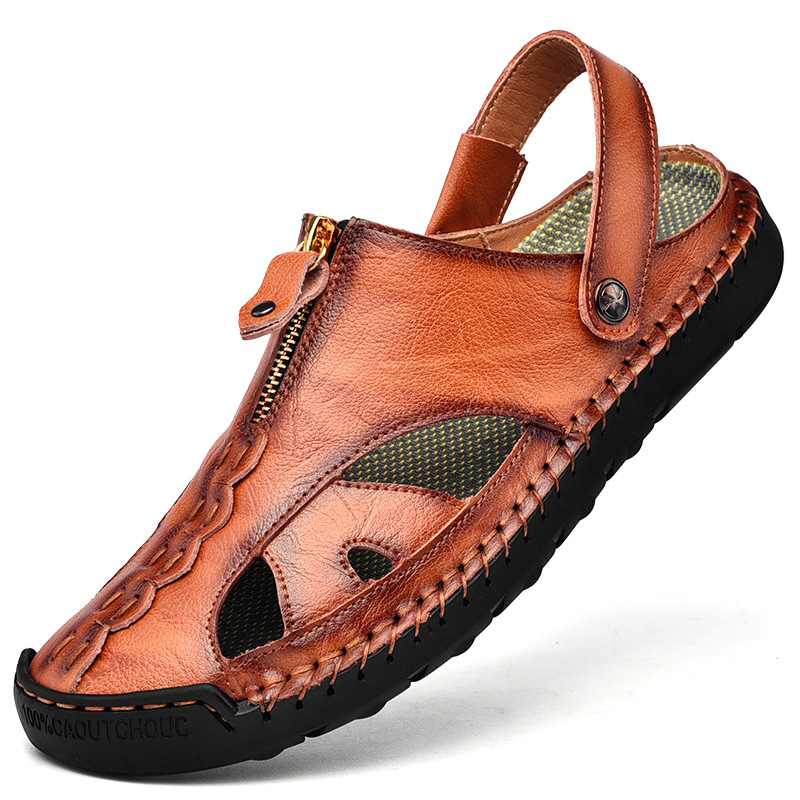 Men's Fisherman Beach Sandals Casual Closed Toe Leather Handmade Sandals Adjustable for Walking Outdoors