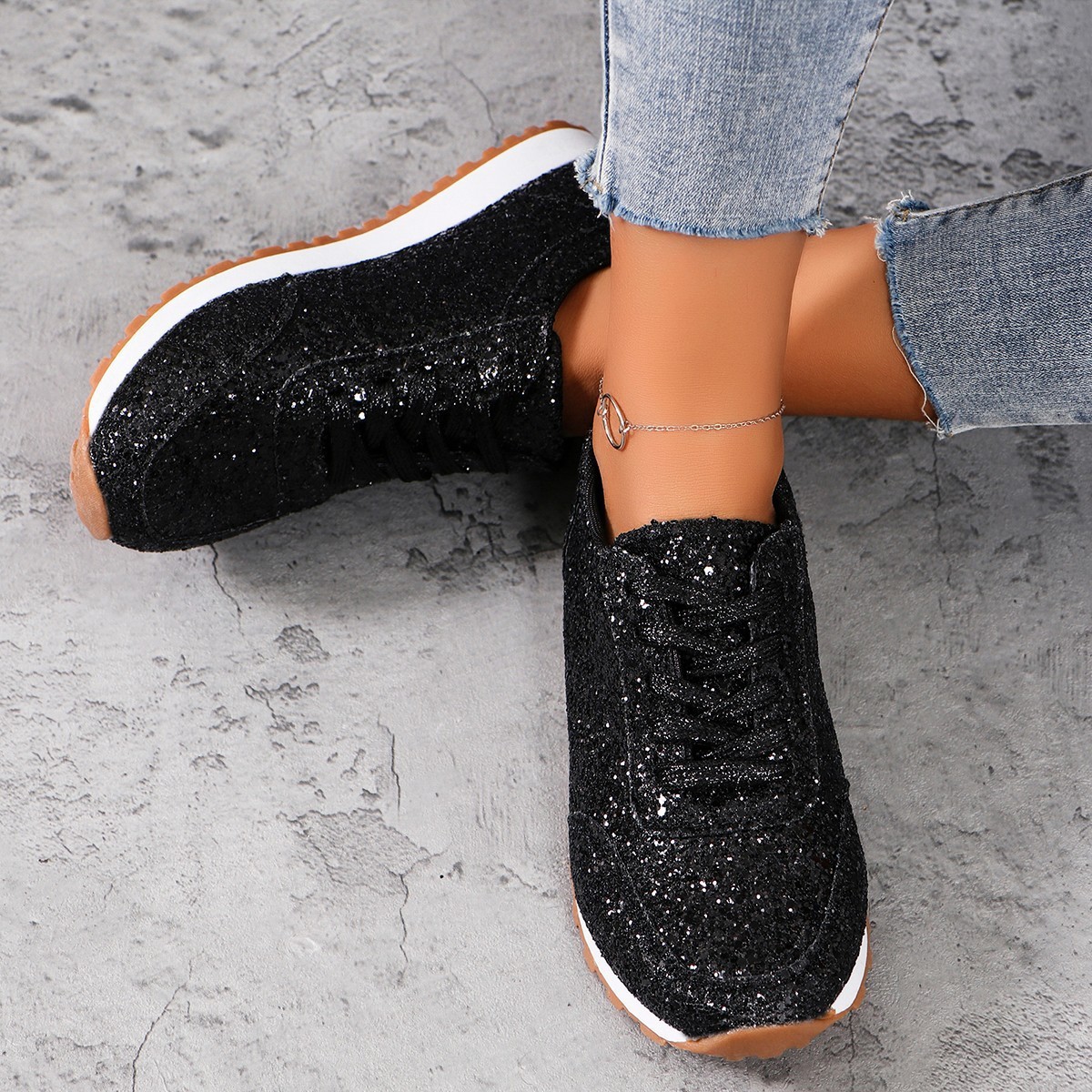 Glitter Sequin Lace-Up Sneakers | Stylish Comfort for Everyday Wear