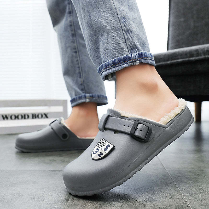Men Fluffy Plush Slippers PU Winter Mule Clogs