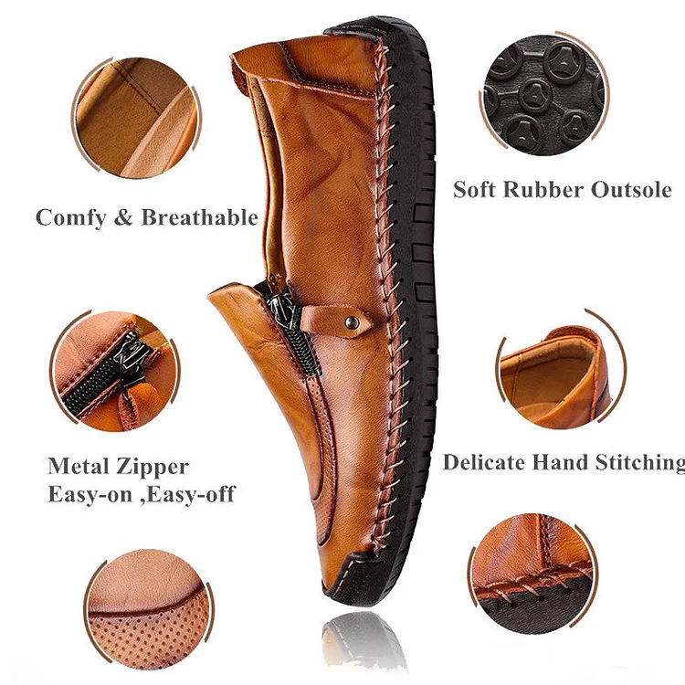 Men Hand Stitching Zipper Slip-ons Leather Shoes