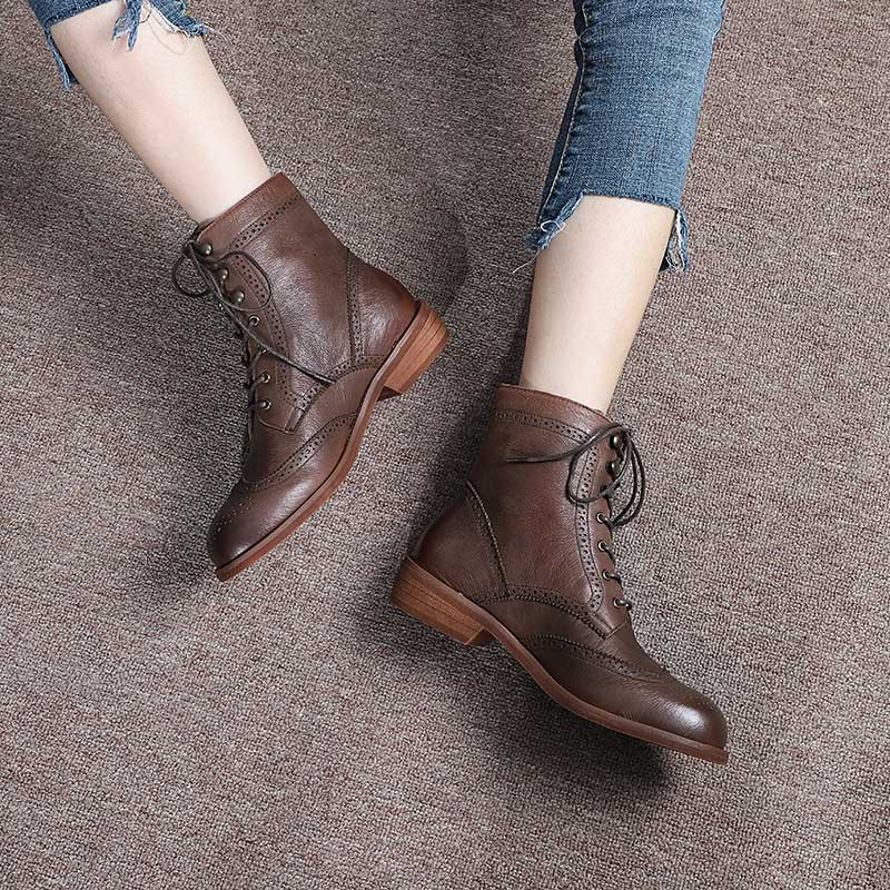 Handmade Wingtip Shoes Leather Martin Boots Block Carving Brogue Ankle Boot For Women