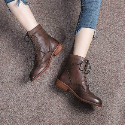 Handmade Wingtip Shoes Leather Martin Boots Block Carving Brogue Ankle Boot For Women