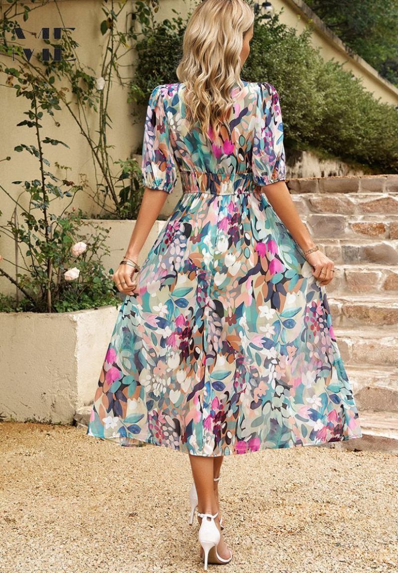 Elegant Floral Midi Dress with Puff Sleeves