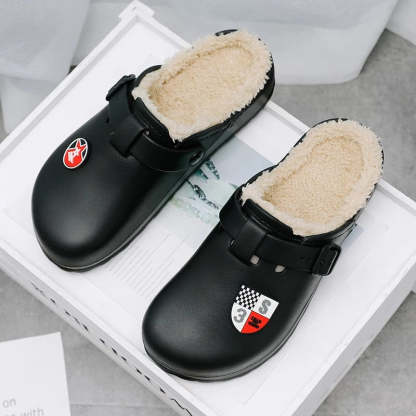 Men Fluffy Plush Slippers PU Winter Mule Clogs