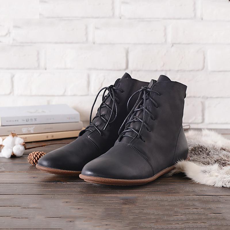 Oxfords For Women Lace Up Flat Sole Ankle Boots Handmade Waxing Leather Martin Boots