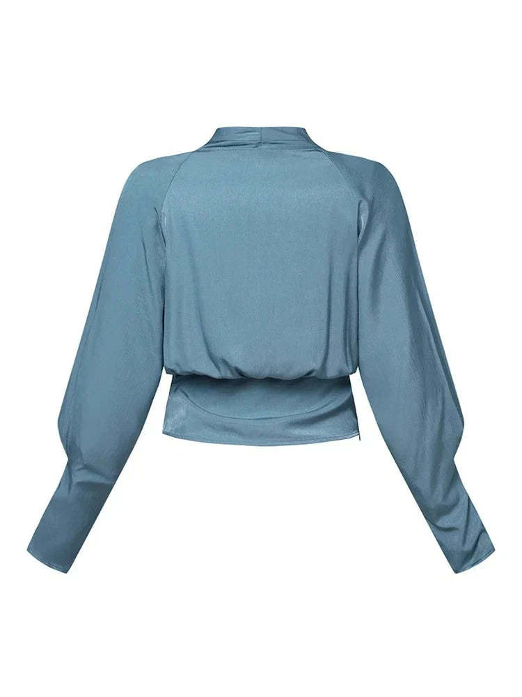 V-neck Women's Bblouses with Puff Sleeves