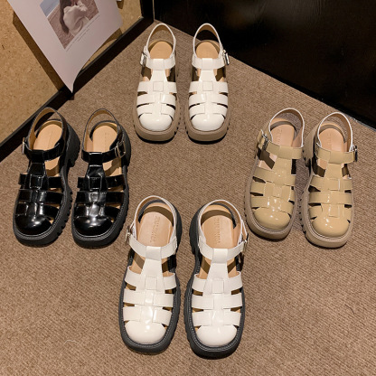 Closed Toe Slingback Mary Jane Shoes Chunky Heel T-Strap Sandals