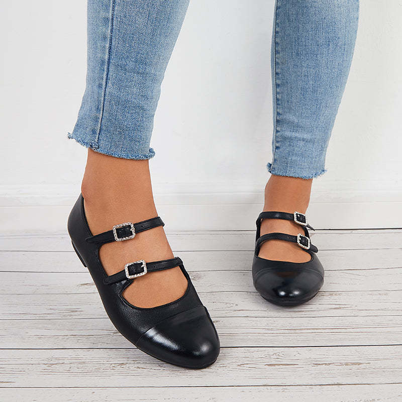 Ruond Toe Low Heel Mary Jane Pumps Buckle Dress Shoes