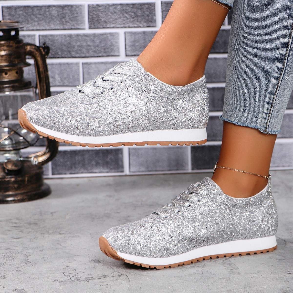Glitter Sequin Lace-Up Sneakers | Stylish Comfort for Everyday Wear