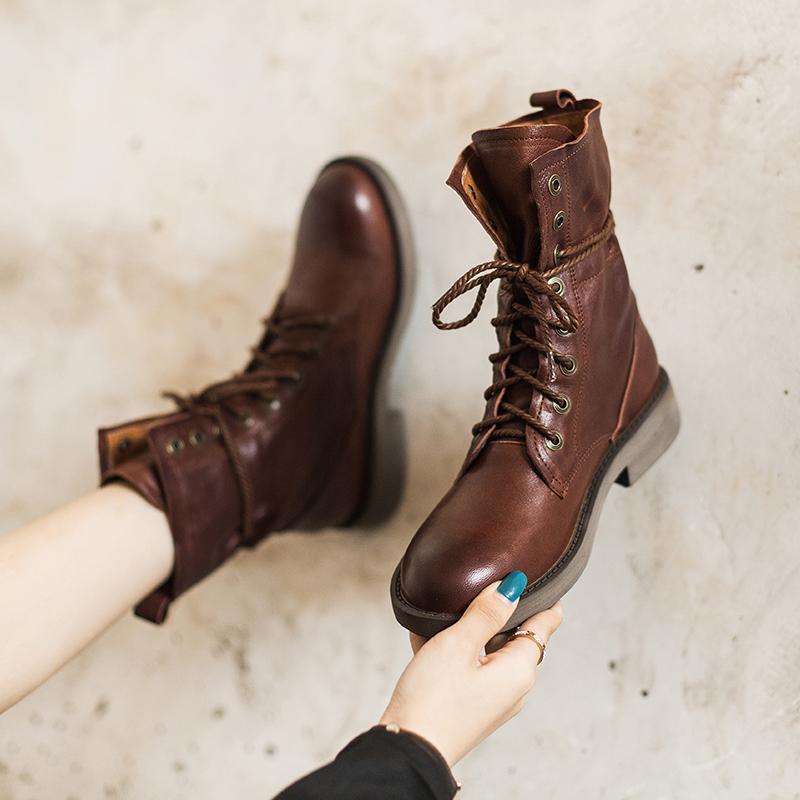 Women's Handmade Sheepskin Combat Boots Designer Retro Chunky Riding Boots