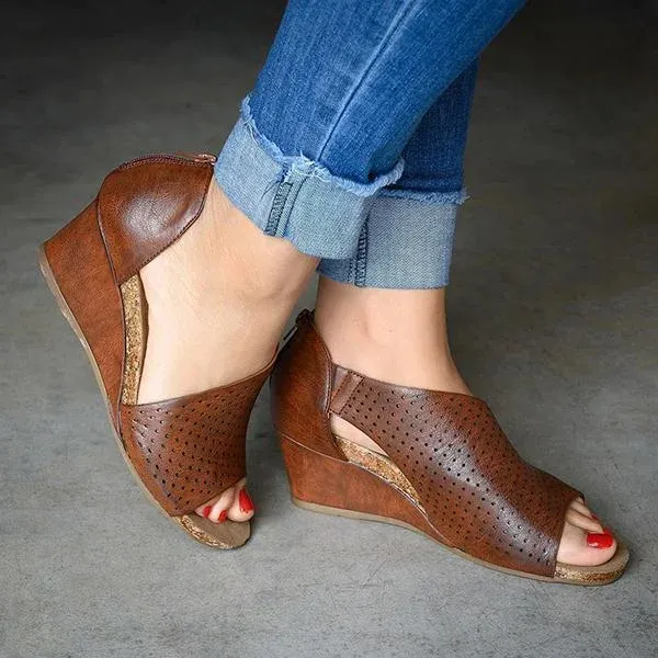 Womens Open Toe Slip On Cutout Heels Wedge Sandals