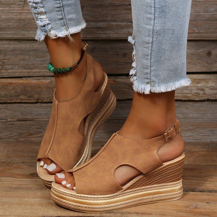 Buckle Detail Slingback Wedge Sandals