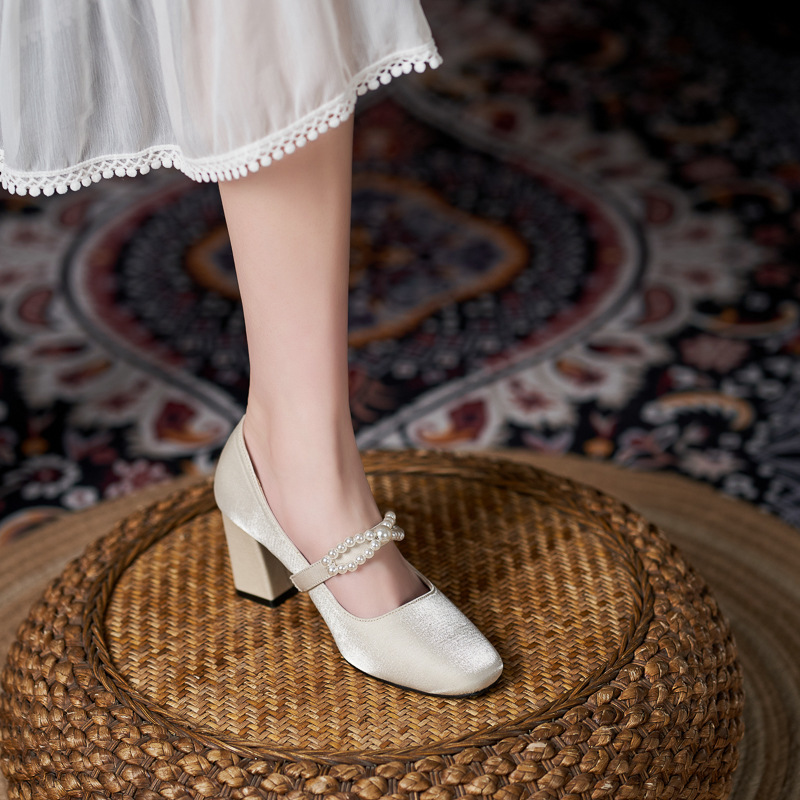 Pearl Mary Jane Pumps Chunky Heels Bowknot Closed Toe Dress Shoes