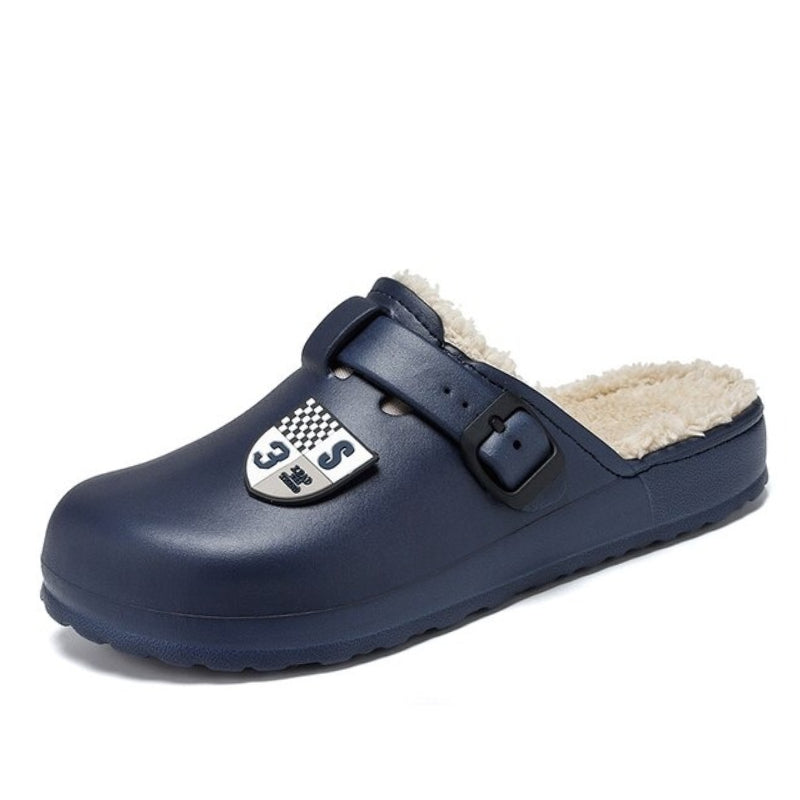 Men Fluffy Plush Slippers PU Winter Mule Clogs