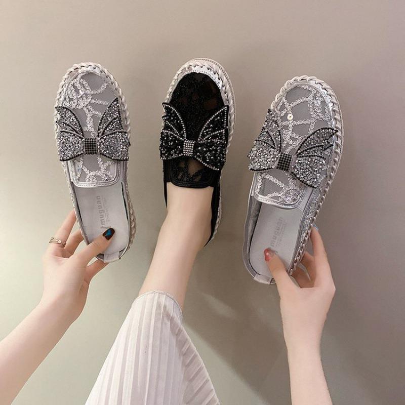 New Crystals Butterfly-knot Flat Platform Heels Half Slippers Women Bling Shoes