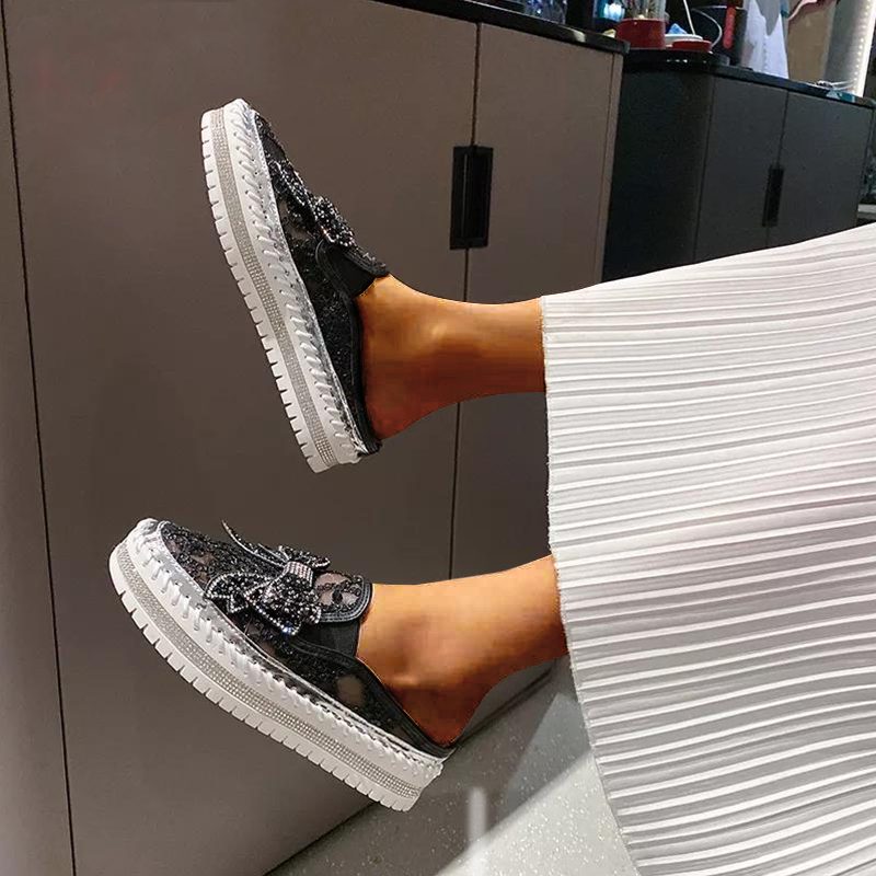 New Crystals Butterfly-knot Flat Platform Heels Half Slippers Women Bling Shoes