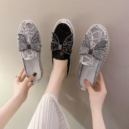 New Crystals Butterfly-knot Flat Platform Heels Half Slippers Women Bling Shoes